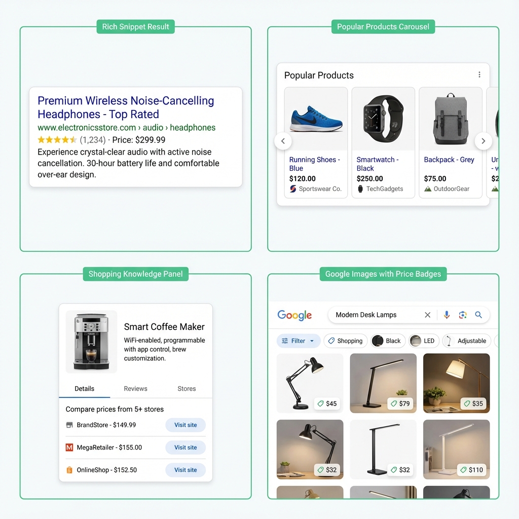 Four Google search features displaying product schema including rich snippets Popular Products carousel Shopping Knowledge Panel and Google Images with price badges