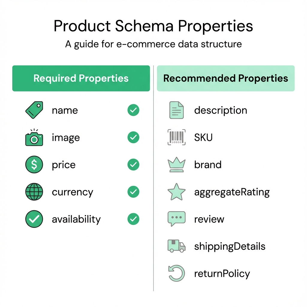 Chart showing required product schema properties like name image price versus recommended properties like description SKU brand and ratings