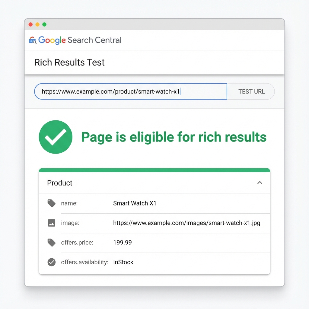 Google Rich Results Test showing successful product schema validation with green checkmark and detected properties