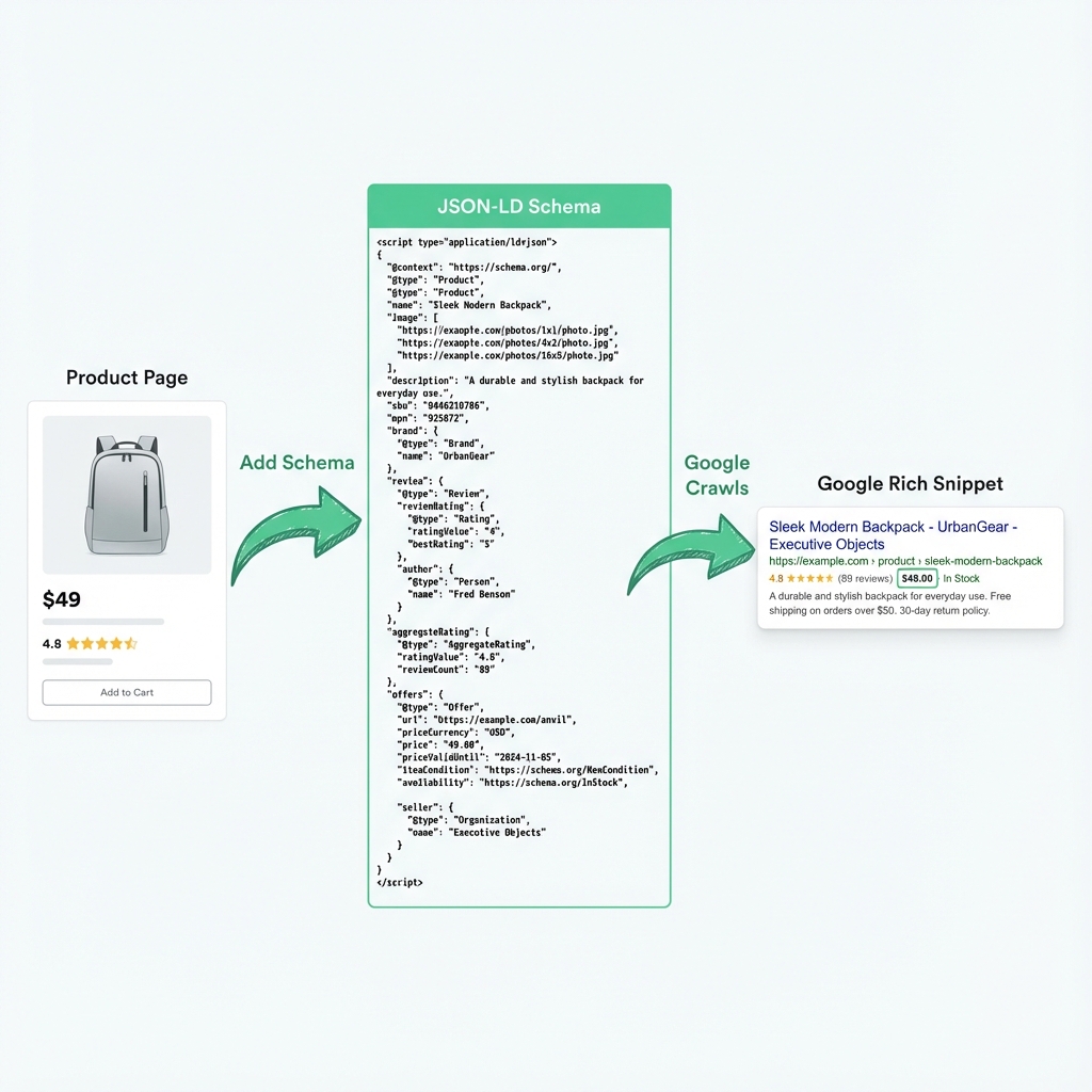 Diagram showing how product schema on a product page transforms through JSON-LD code into Google rich snippets with star ratings and prices