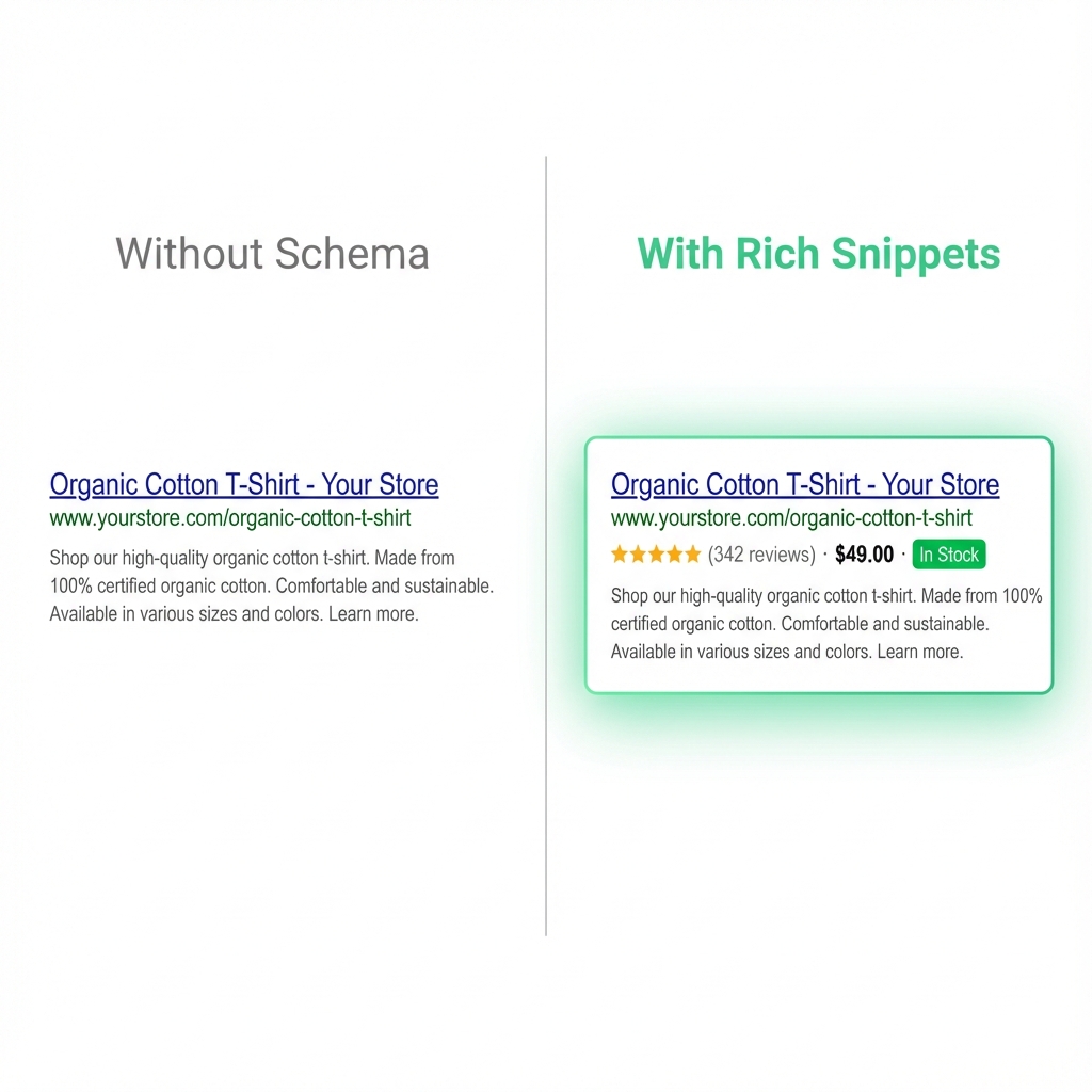 Side-by-side comparison of Google search results without schema showing plain listing versus with rich snippets showing star ratings price and availability